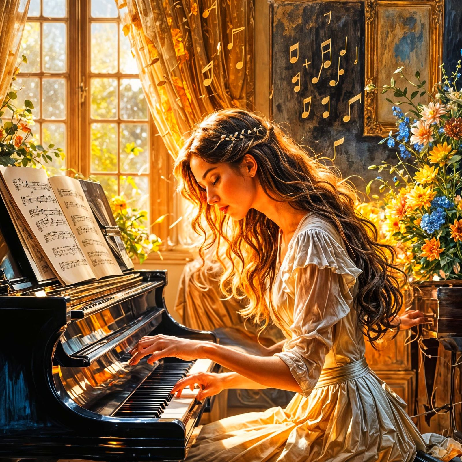 Pianist Playing Piano with Musical Notes