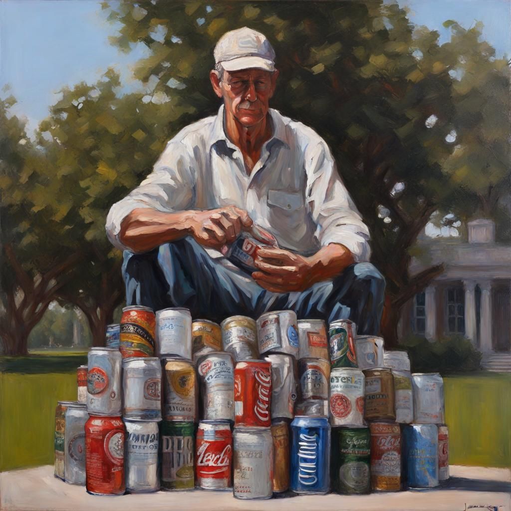 Statue of Man Holding Recycled Can: Oil Painting