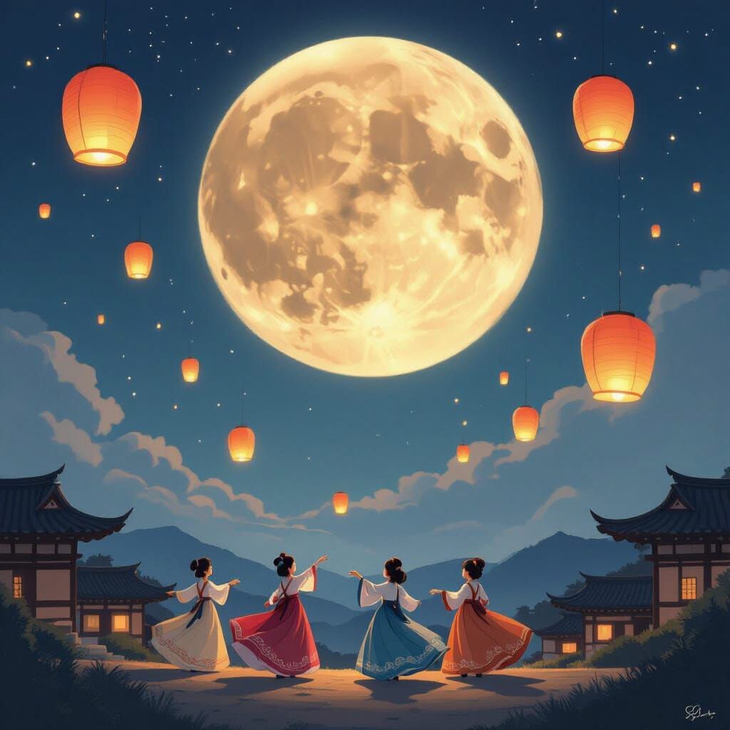 Magical Chuseok Lanterns Float Under Full Moon with Hanbok D...