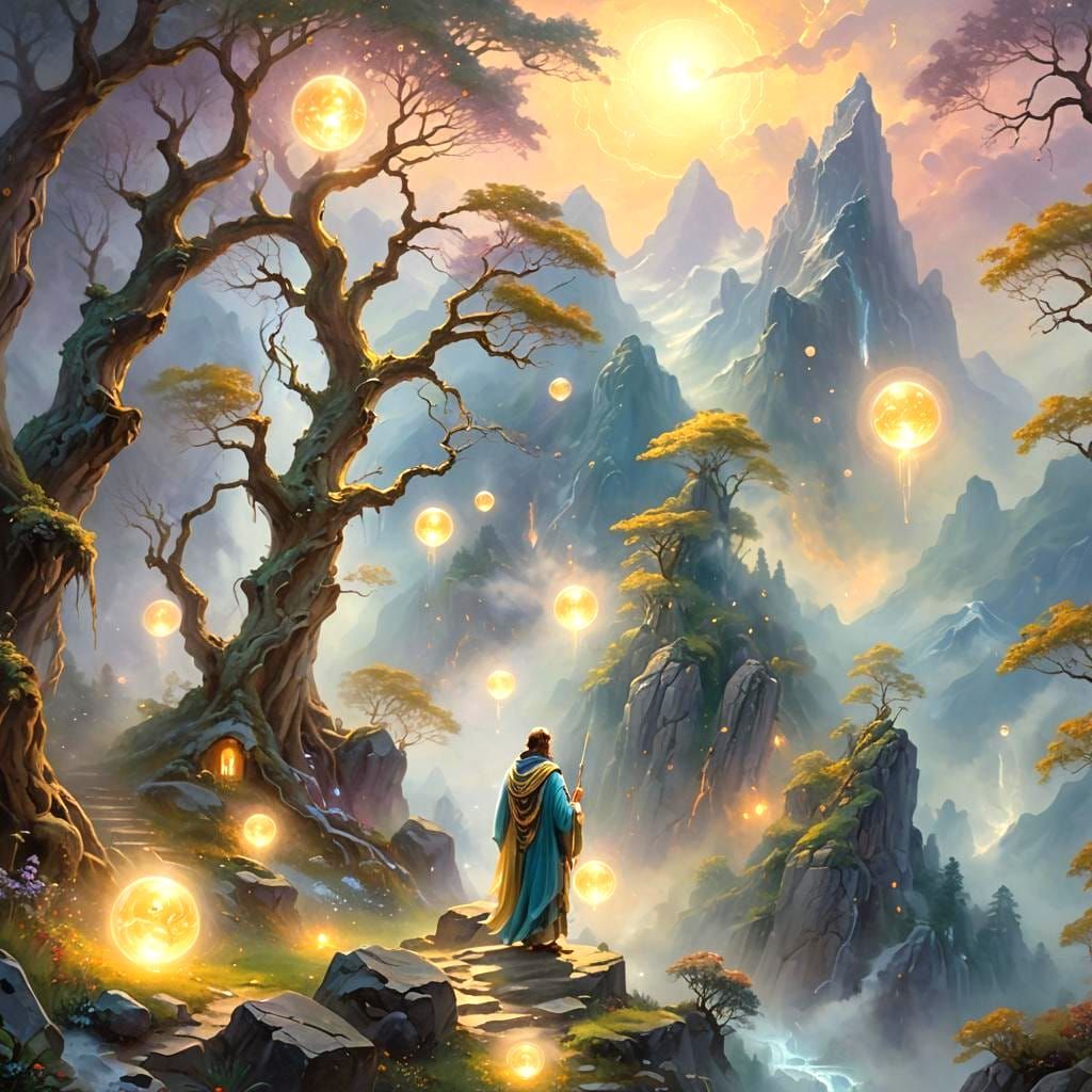 Ethereal Ancients Descend in Misty Fantasy