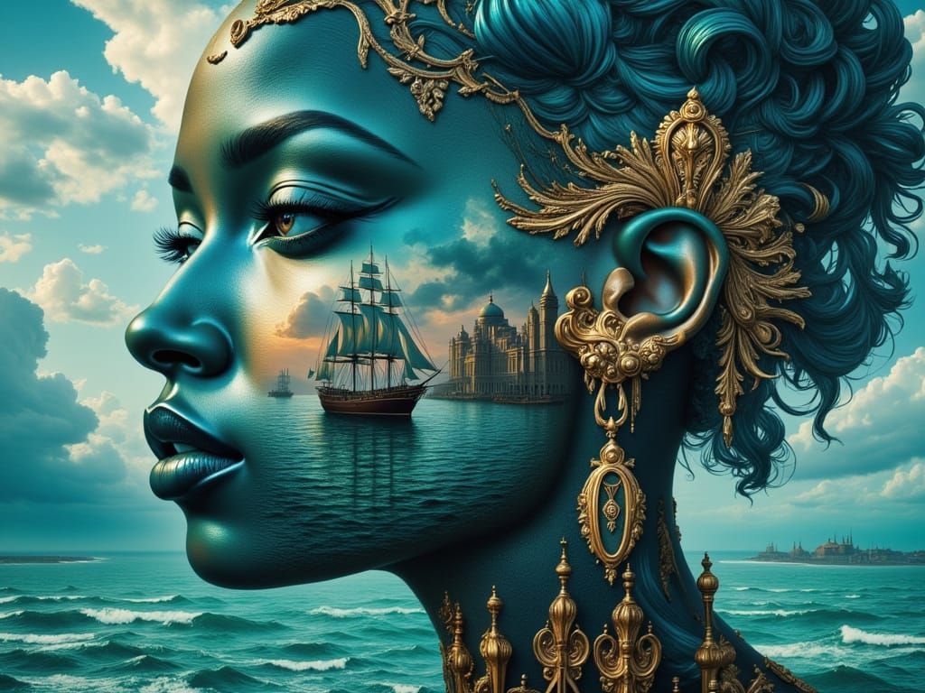 Black Woman Portrait With Seascape Double Exposure