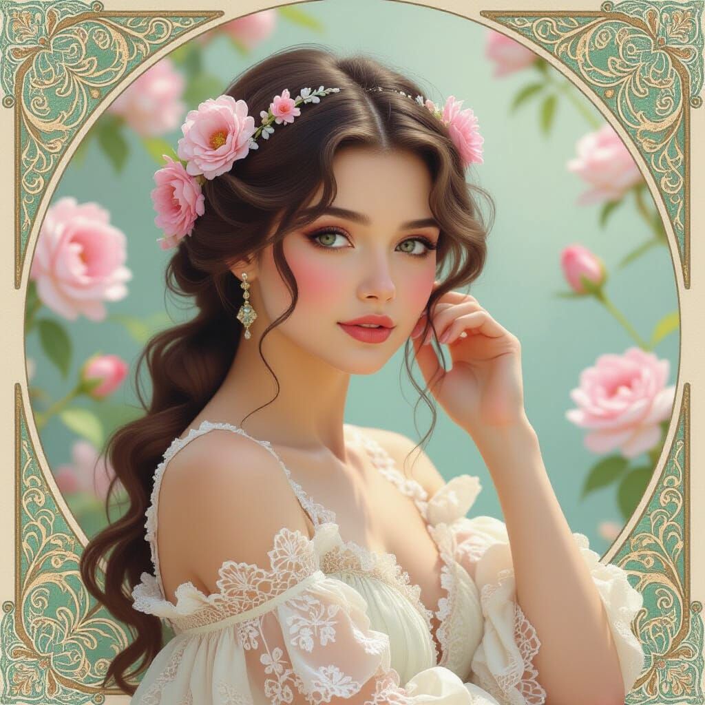 Elegant Woman Surrounded by Flowers in Art Nouveau Style