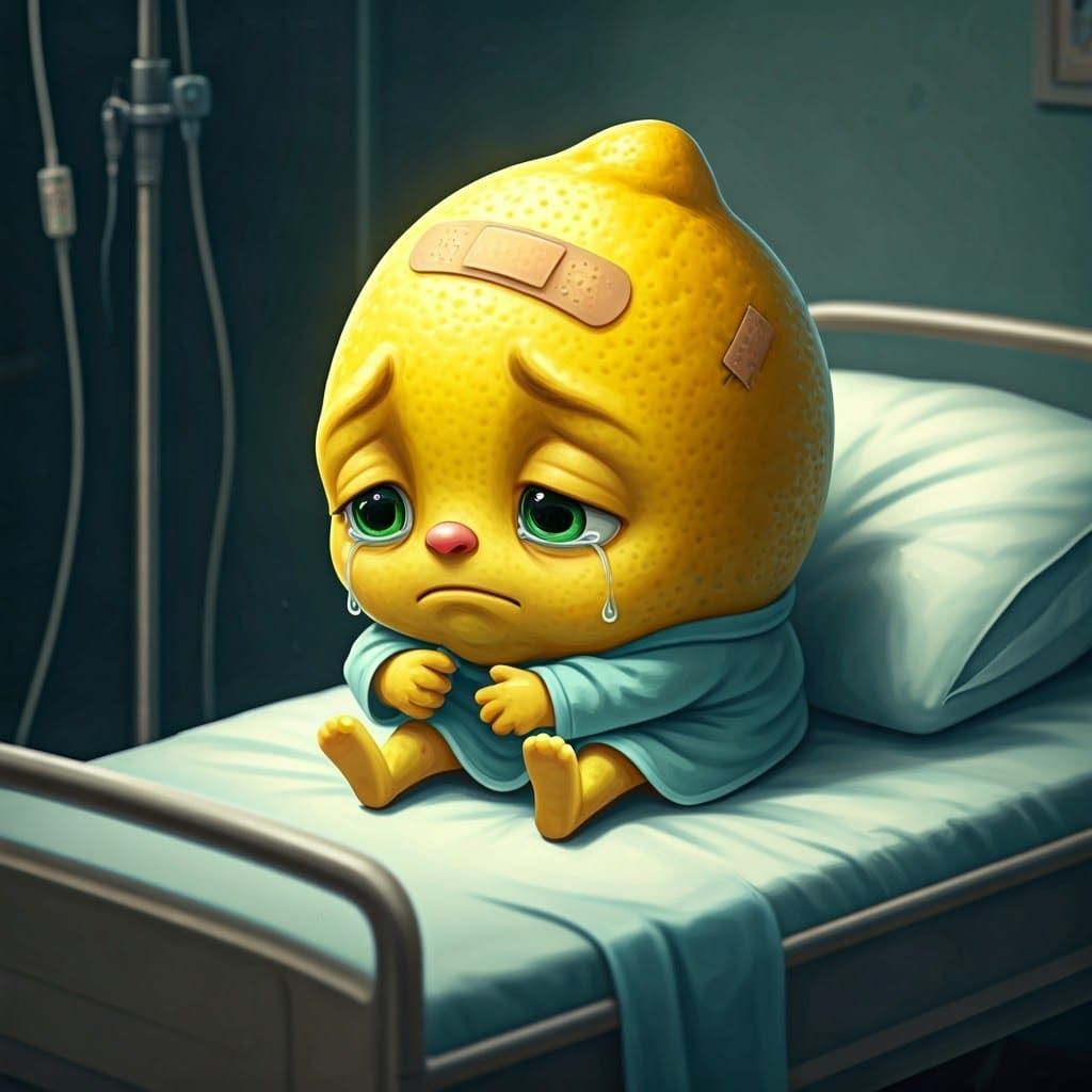 Sad Lemon in Hospital Gown, Watercolor Style