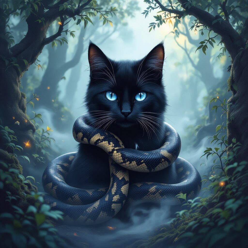 Black Cat with Python in Ethereal Forest