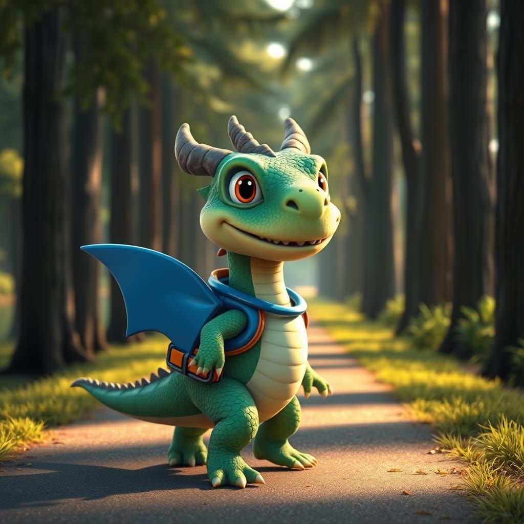 Whimsical Dragon Strolls Lakeside with Plastic Fin