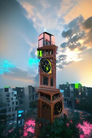 Cyberpunk Clock Tower in Summer