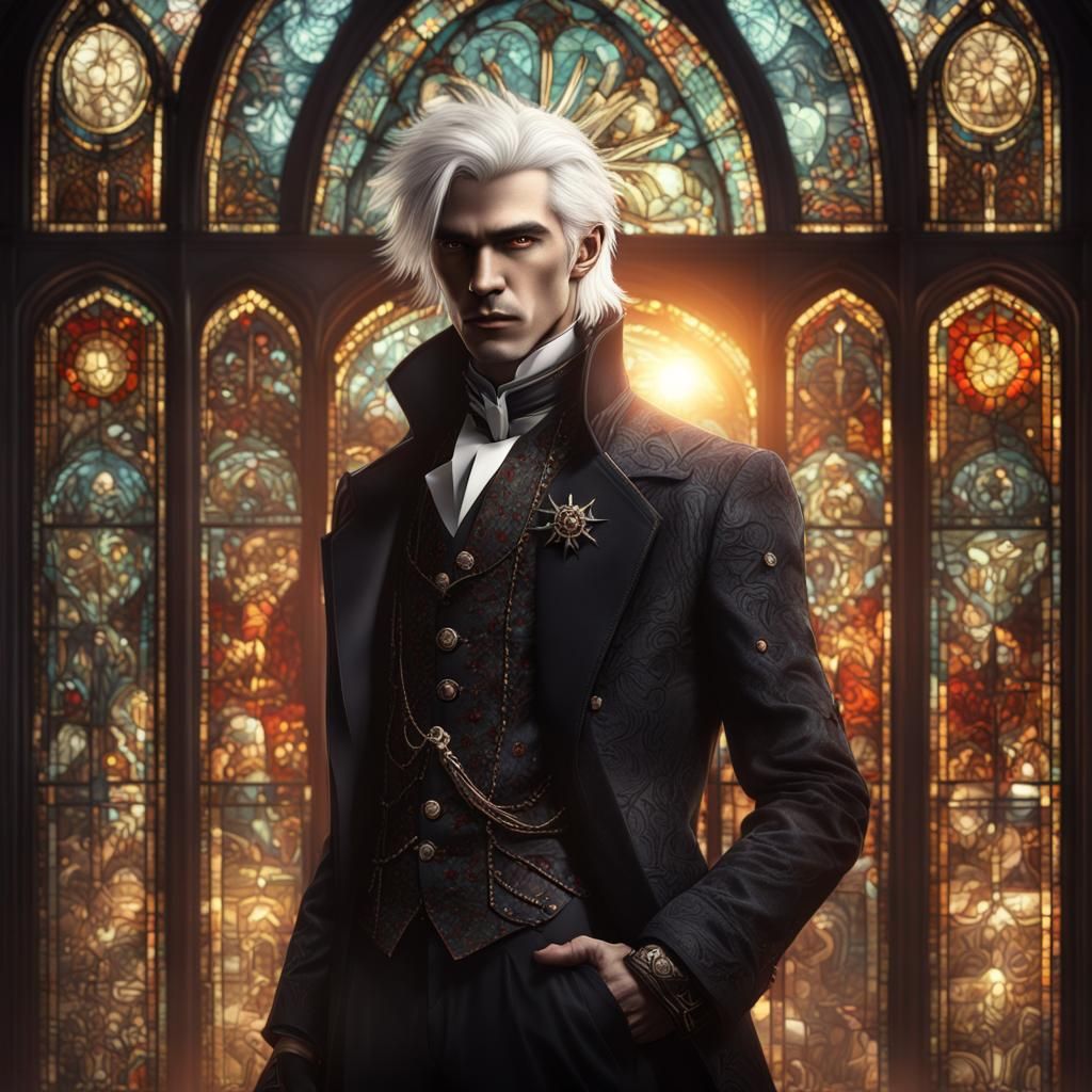 Steampunk Vampire in Front of Stained Glass