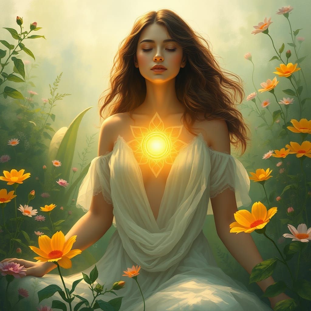 Radiant Woman Embodies Heart Chakra in Dreamlike Scene