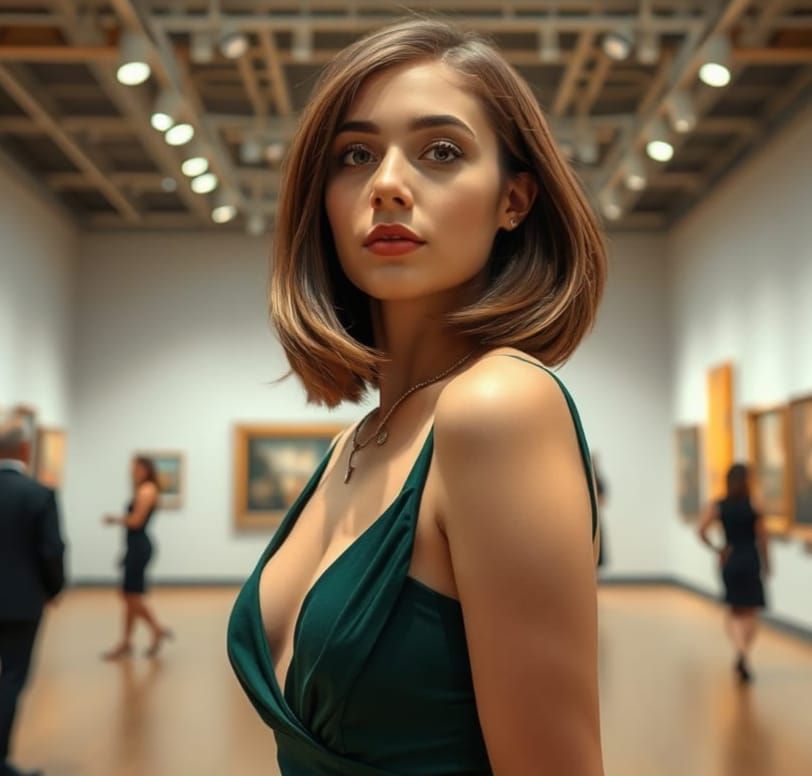 Woman in Green Dress at Art Gallery Exhibition