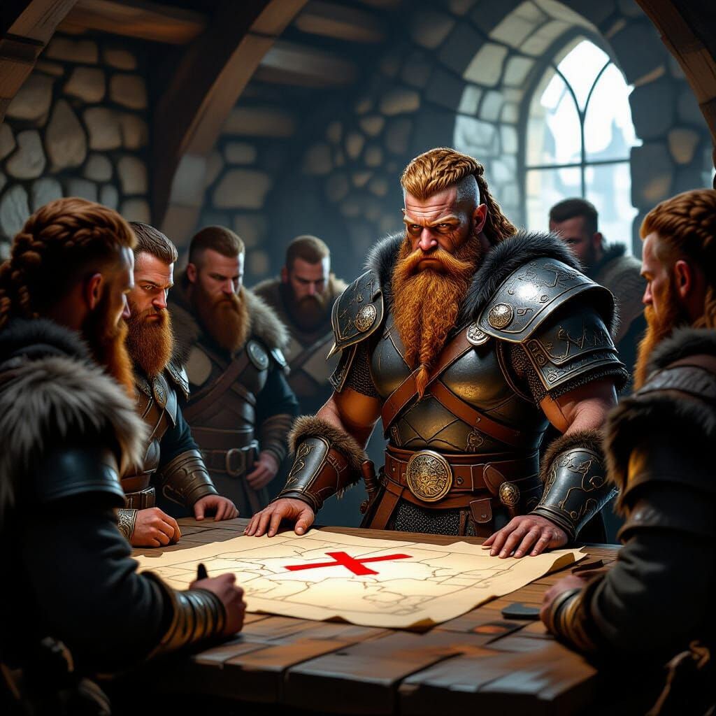 Viking Warriors Plan Conquest on Map