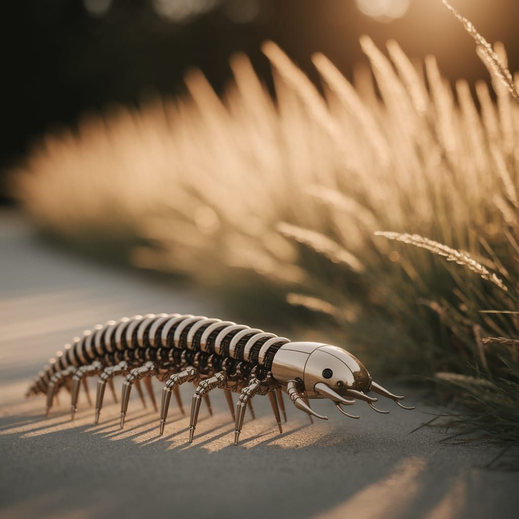 Robotic Centipede in Golden Field Photograph