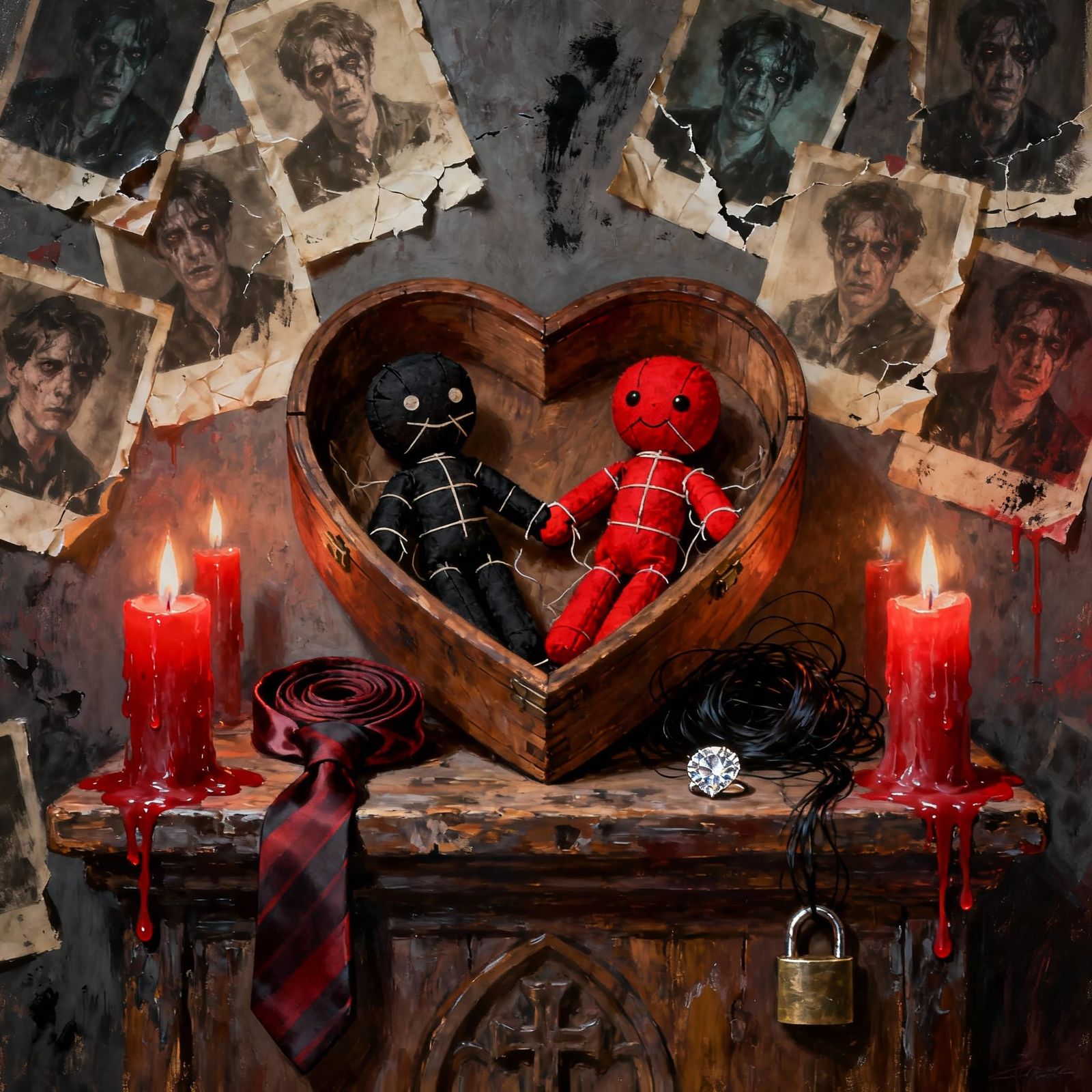 Dark Fantasy Voodoo Dolls in Heart Box Oil Painting