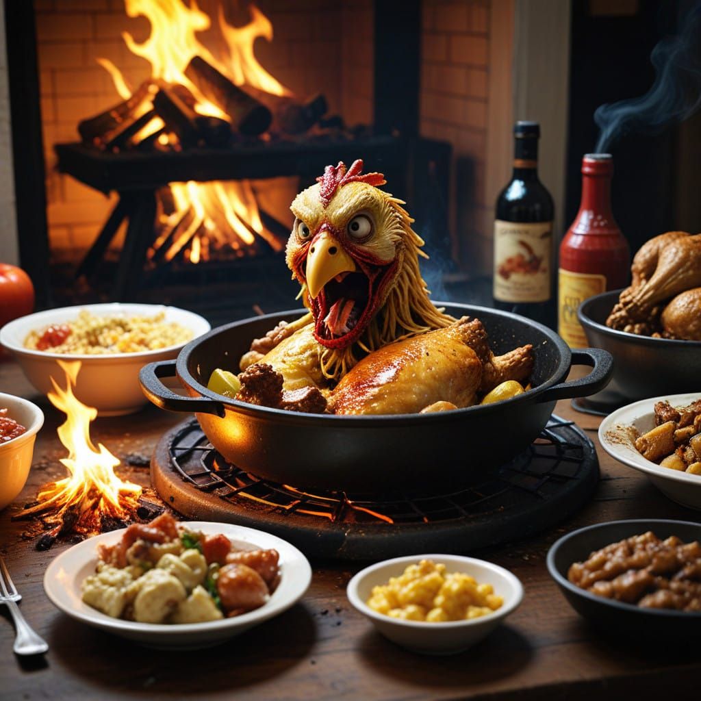 Chickens Consumed by Fiery Horror in Dark Fantasy Still Life