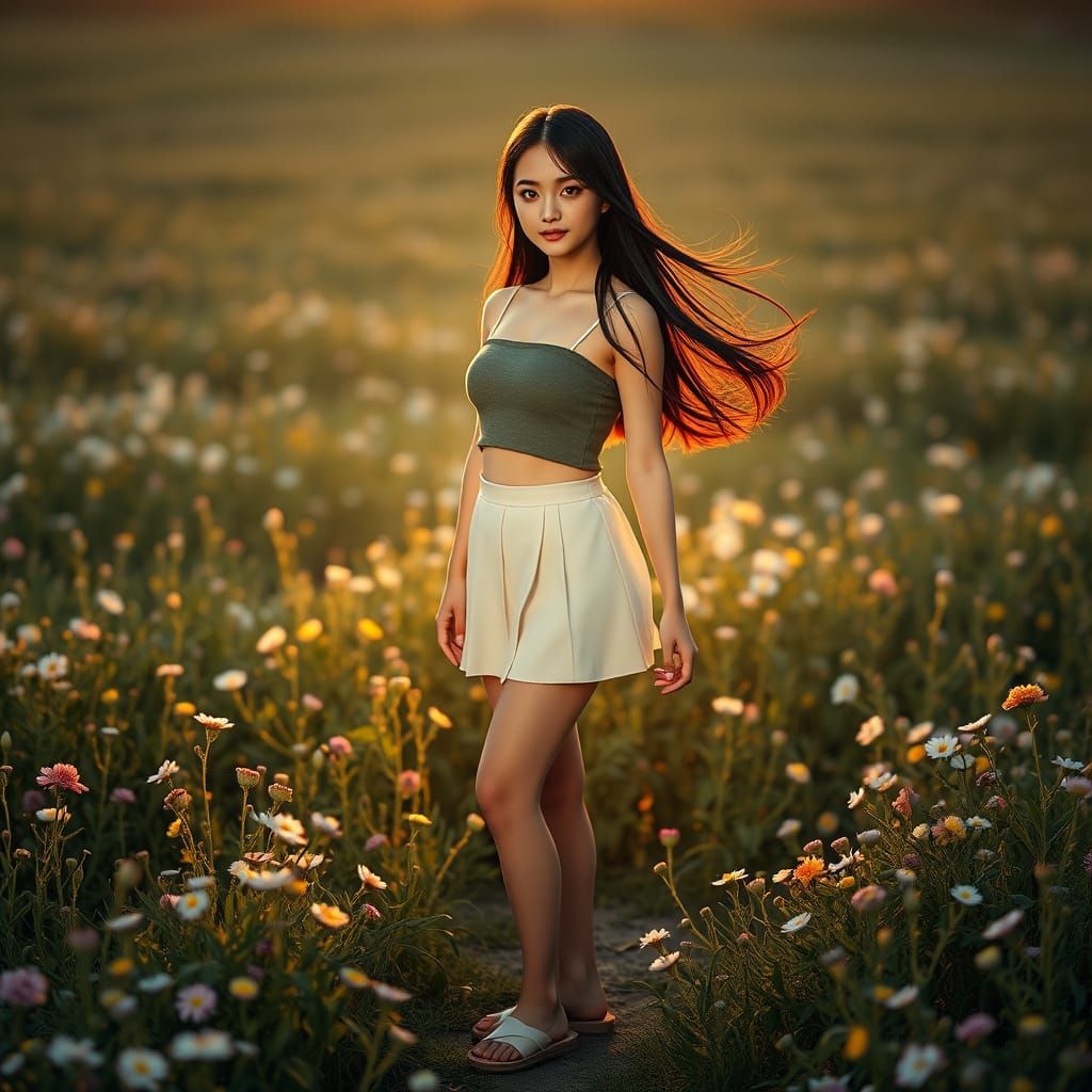 Japanese Woman in Wildflower Field at Dawn