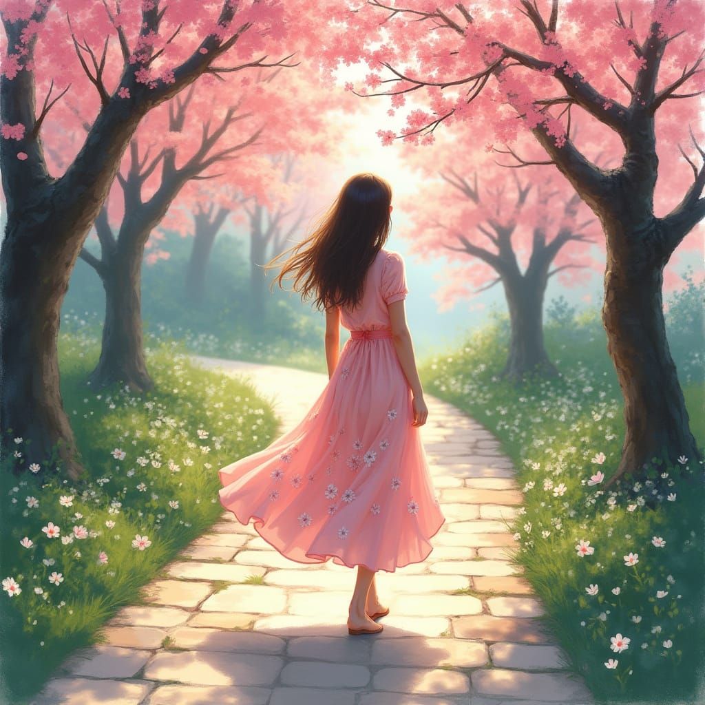 Woman Walking Amidst Cherry Blossoms in Impressionist Style