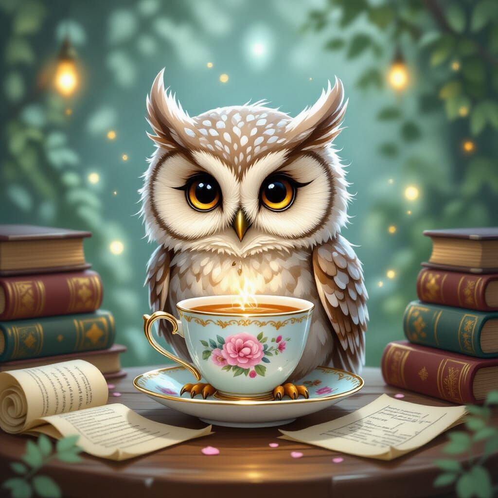 Dream Brews: A Porcelain Owl in Enchanted Library