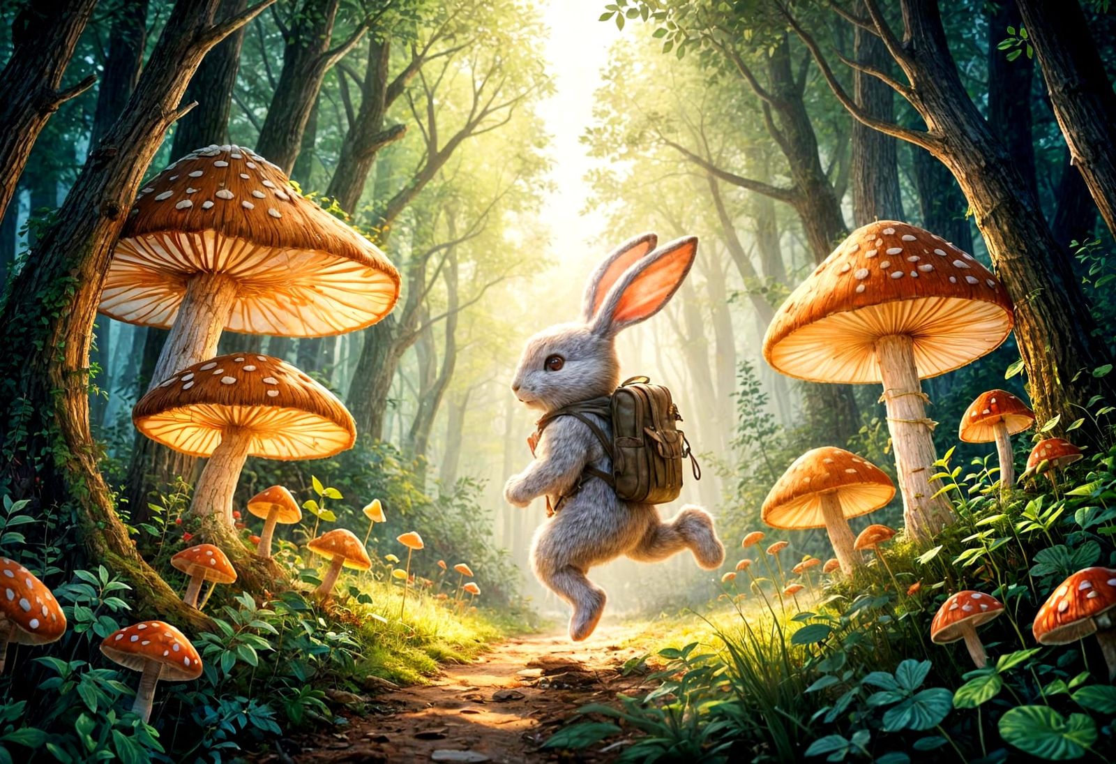 Fluffy Rabbit Adventurer in Whimsical Watercolor Forest