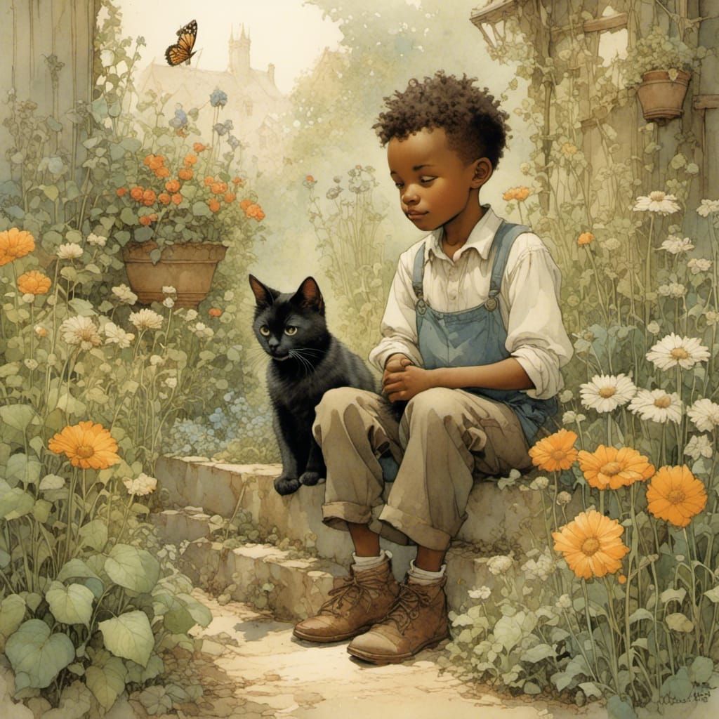 Cute Boy and Cat in Garden Scene