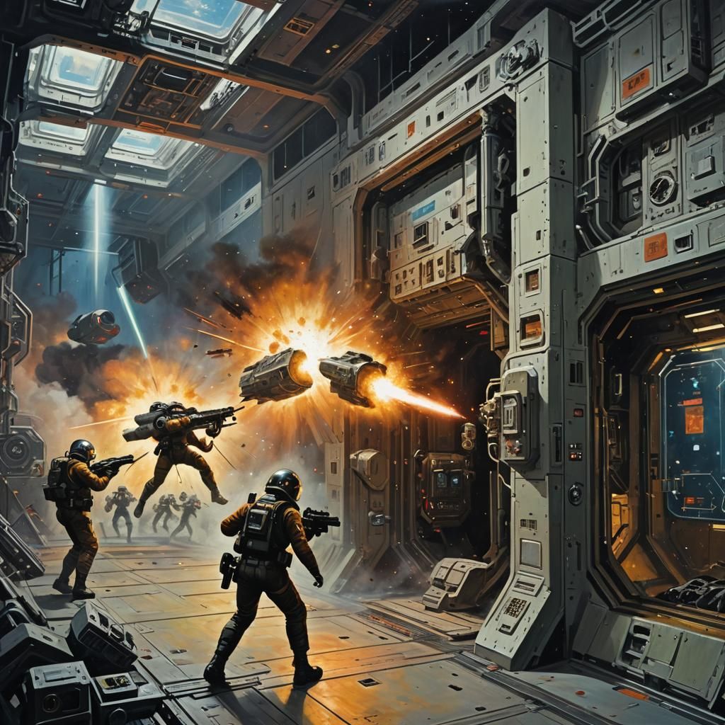 Space Station Combat in Retro-Futuristic Oil Painting