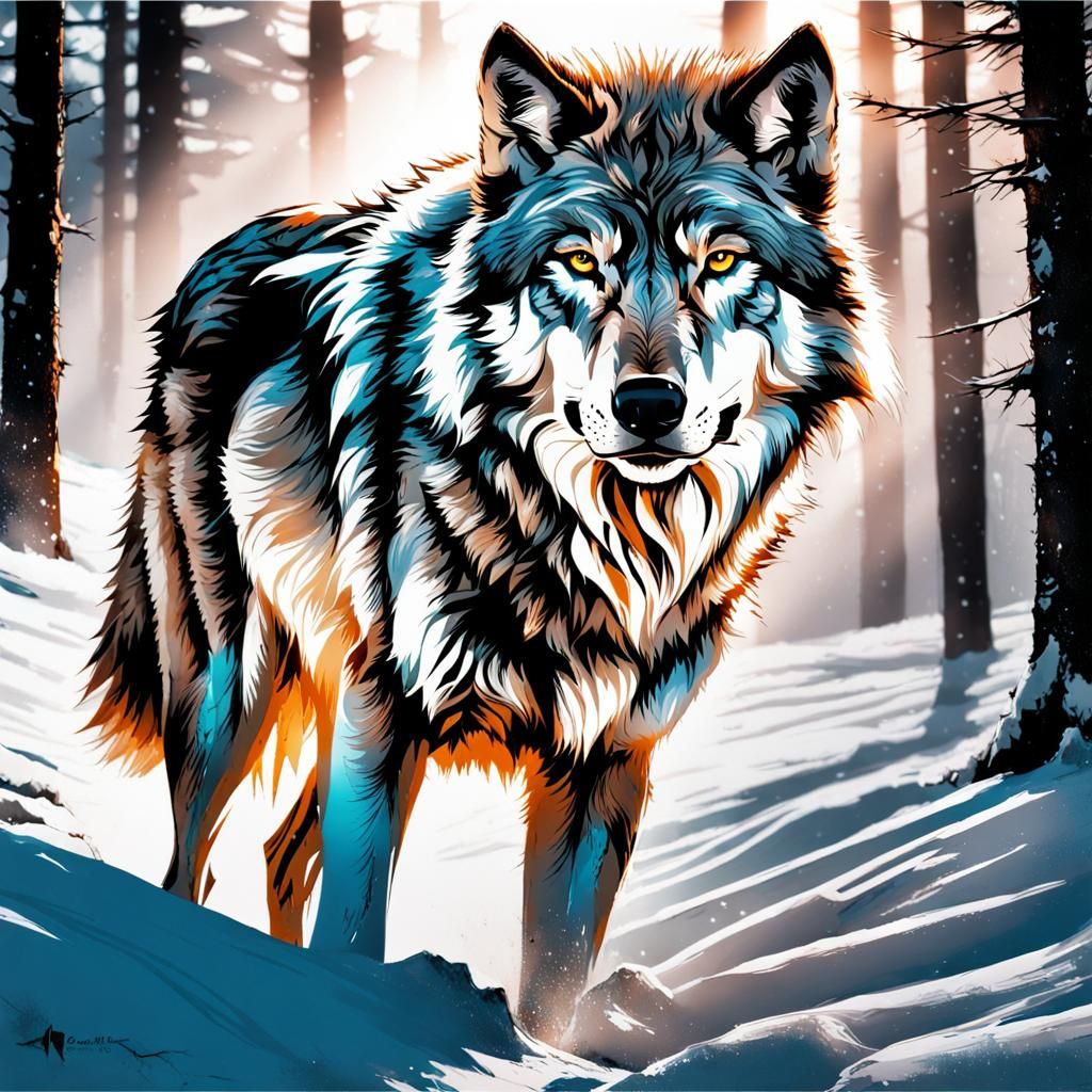 A beautiful Wolf, fierce and powerful, massive silver wolf s...