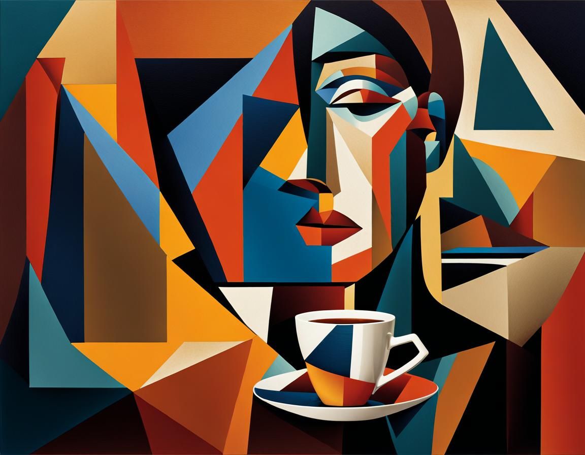 Woman Sipping Coffee: Cubist Abstract Art