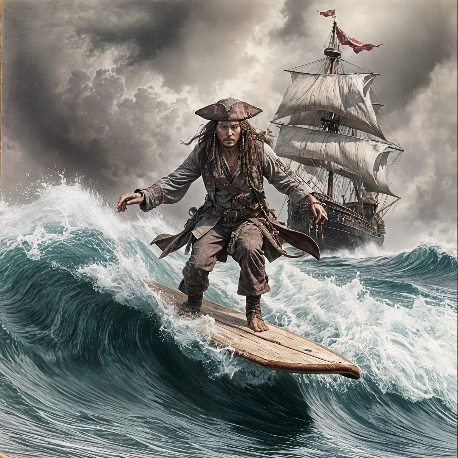 Pirate Captain Riding Waves in Turbulent Stormy Sea