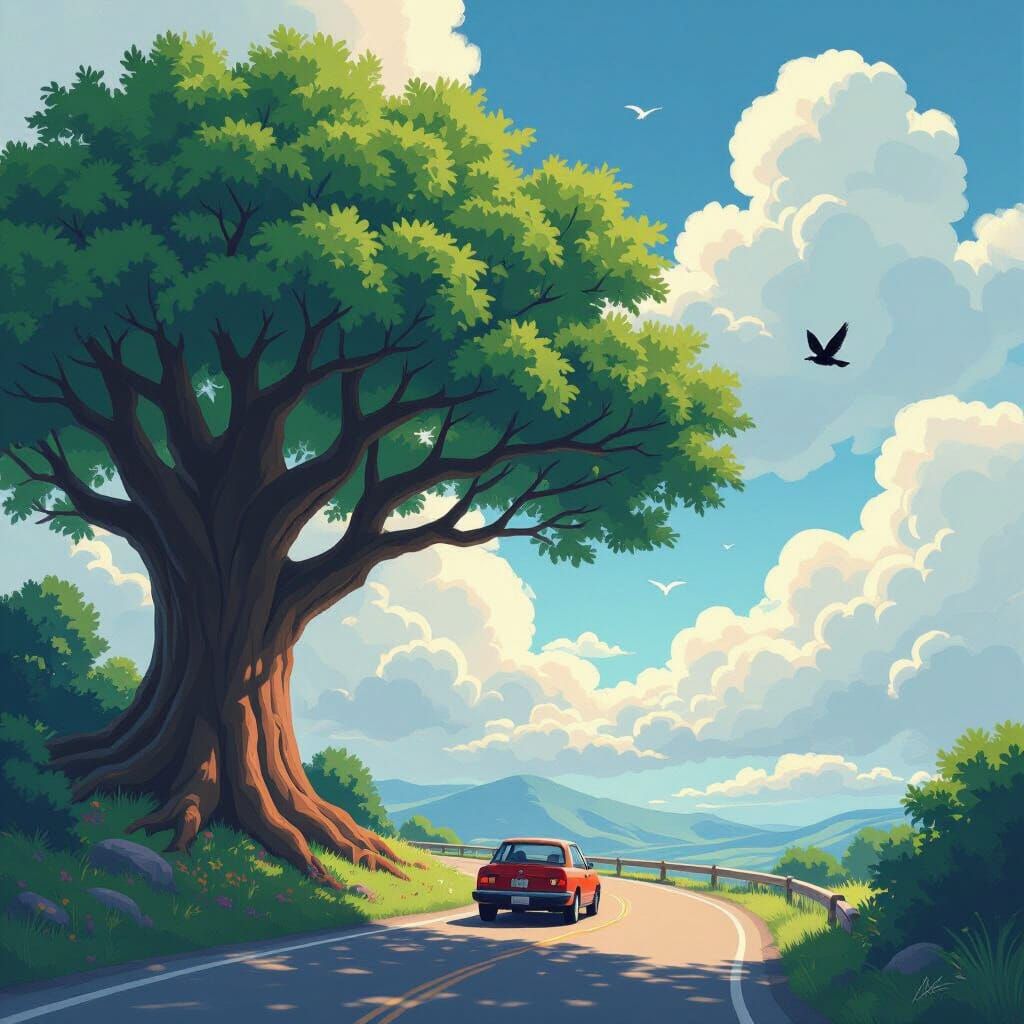 Scenic Road Trip in Anime Style