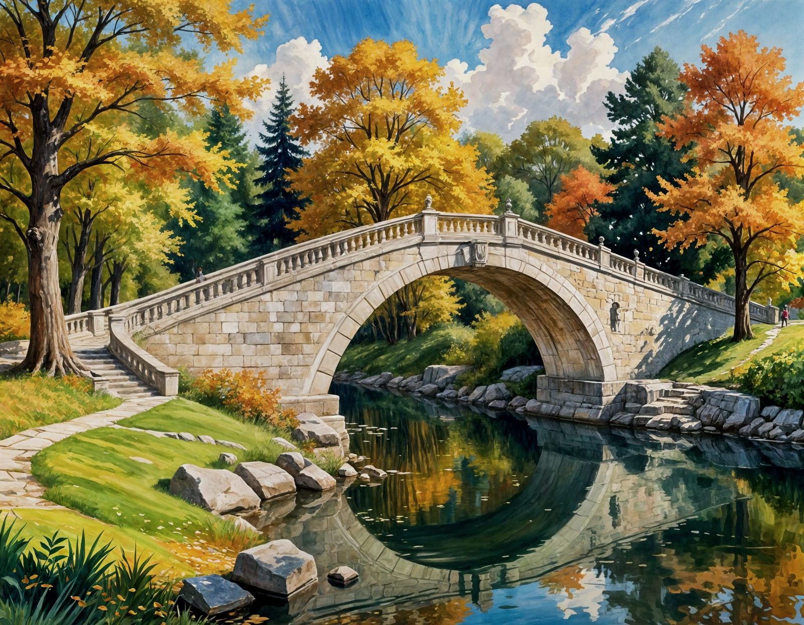 Autumn Bridge in Gouache Impressionist Masterpiece Style