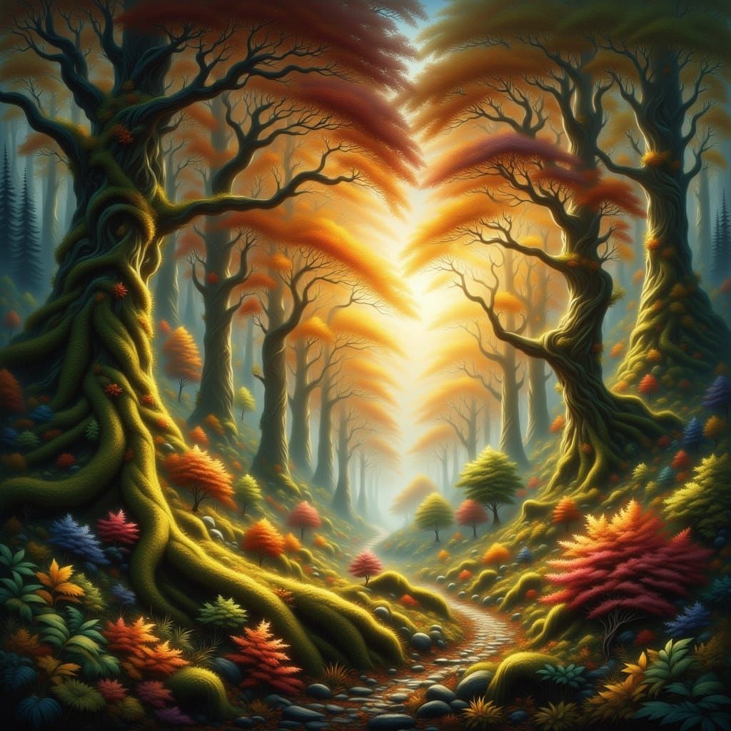 Misty Sunrise in Ancient Forest: Digital Art