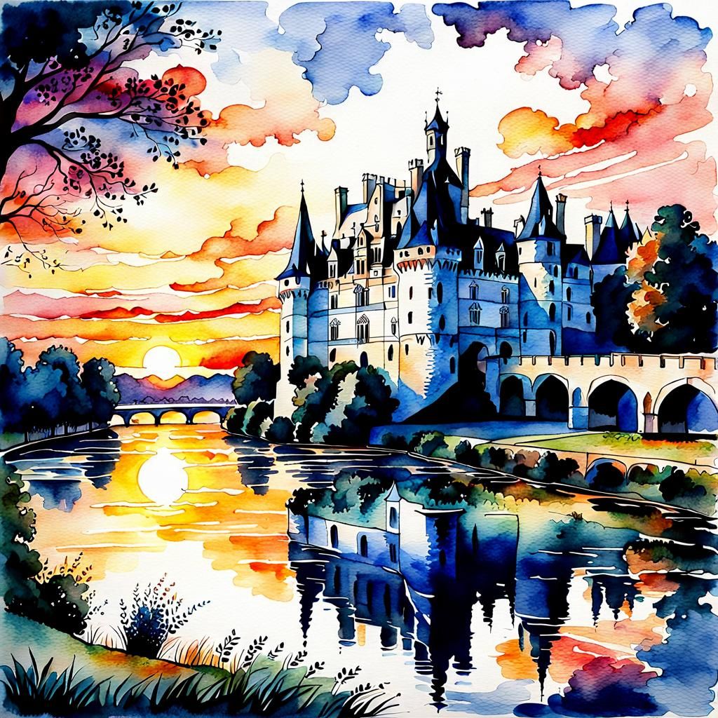 Châteaux Loire Sunset in Watercolor