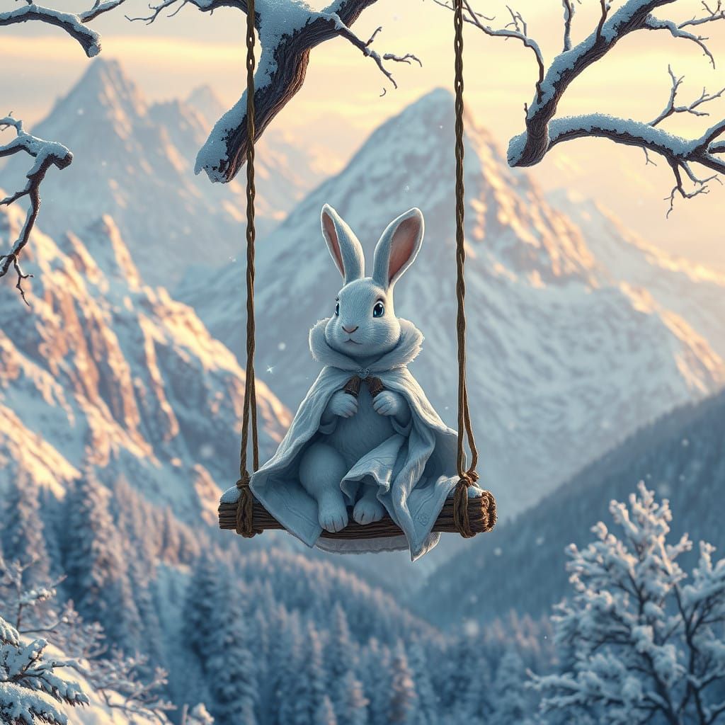 Whimsical Rabbit Serenely Swings in Snowy Mountain Landscape