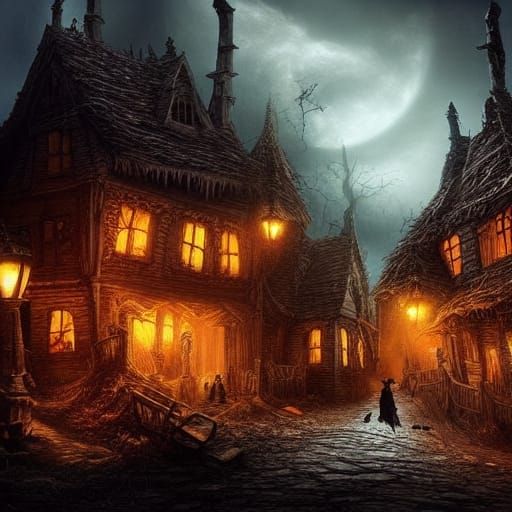 Haunted Village Halloween Digital Matte Painting