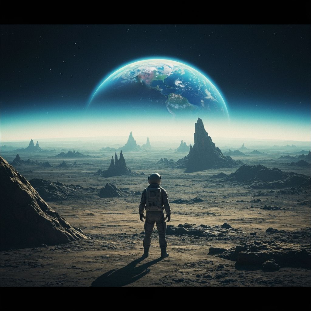 Astronaut Views Earthrise on Alien Planet