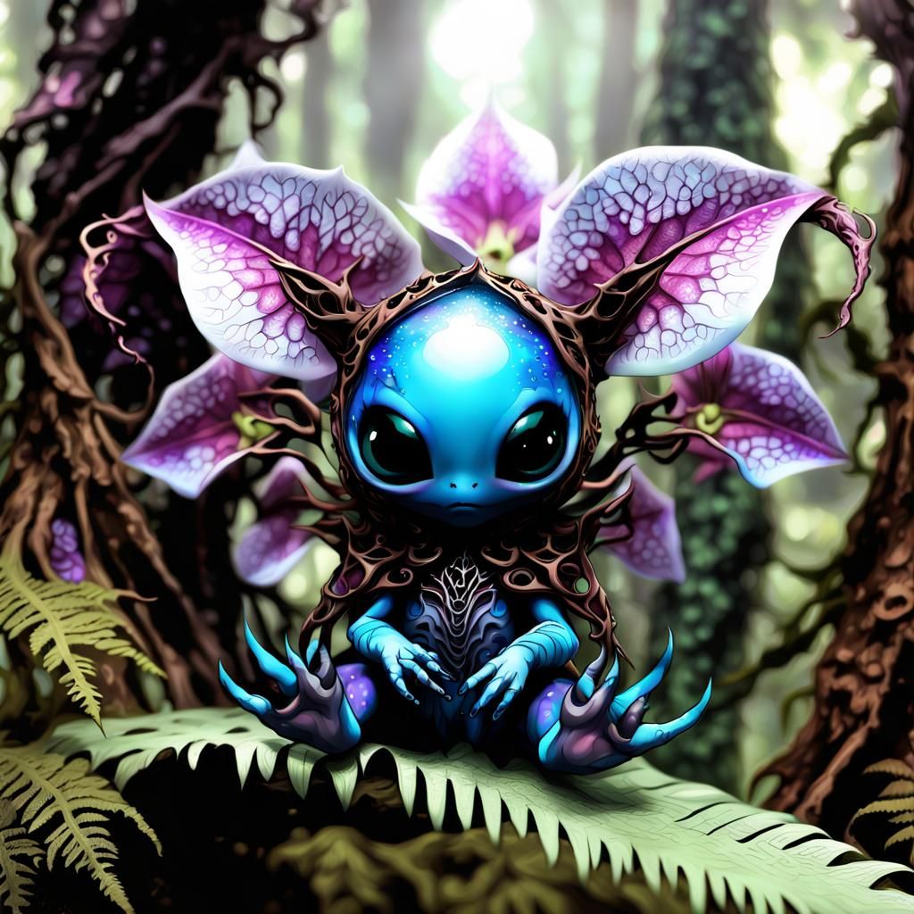 Chibi Bat-Alien Hybrid in Fractal Orchid Treehouse