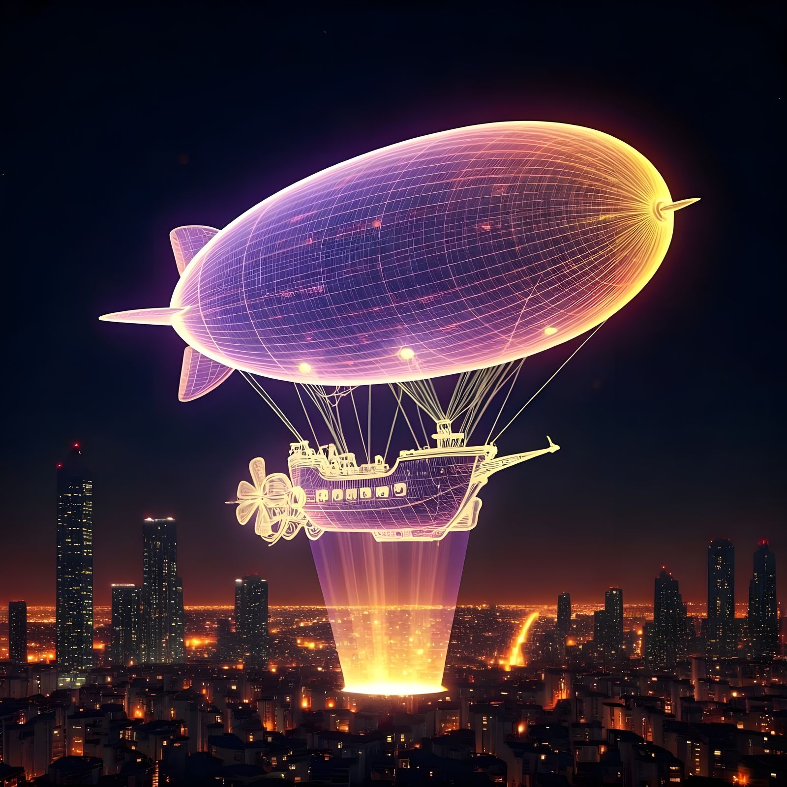 Steampunk Airship Soars into Futuristic Metropolis Night Sky