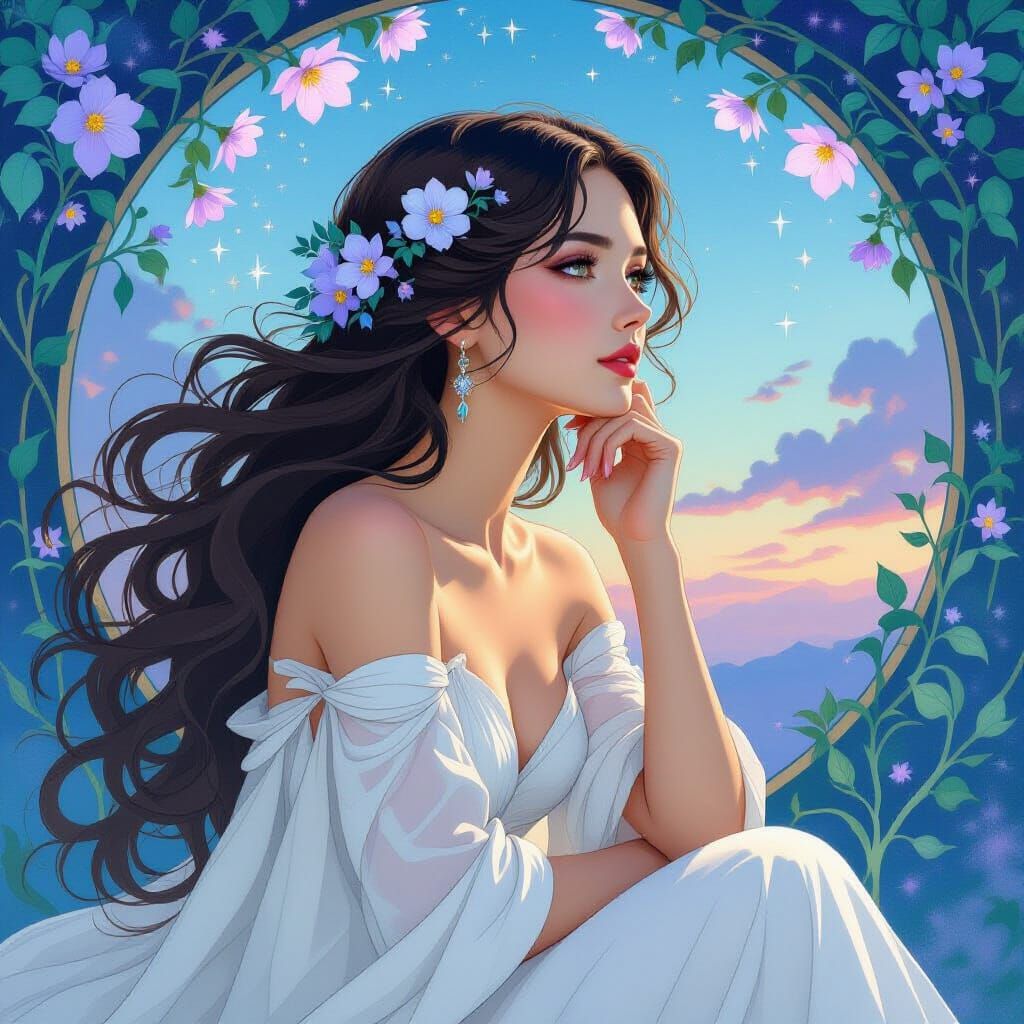 Serene Woman with Vine Hair & Celestial Blossoms