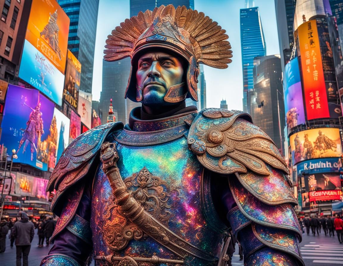 Roman Soldier in Times Square: Iridescent Dreamscape