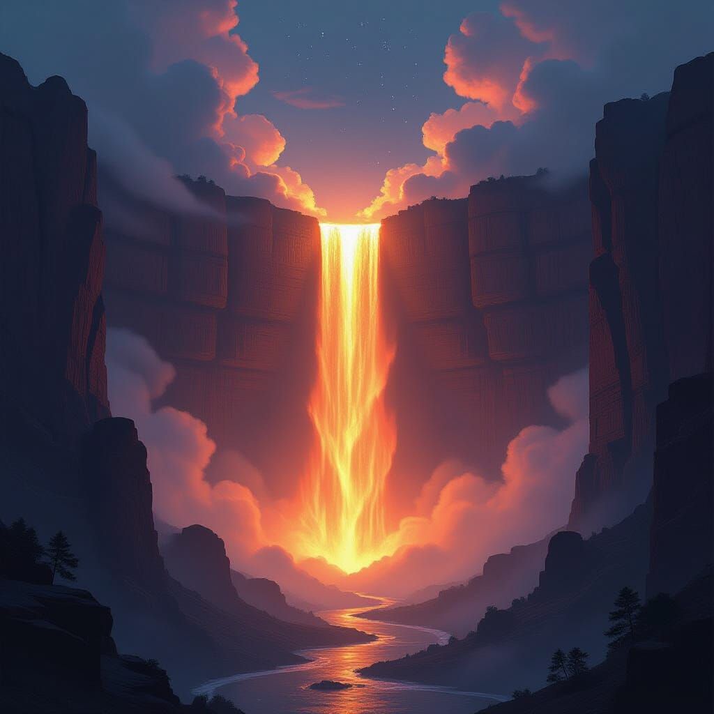 Inferno Falls: Fire Waterfall in a Sci-Fi Landscape