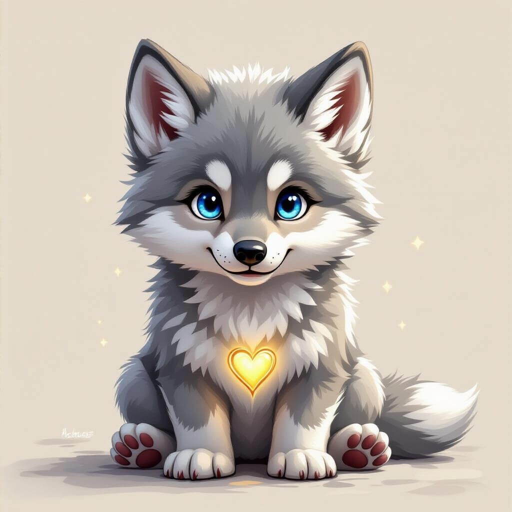 Adorable Wolf Cub Portrait in Charcoal Drawing Style