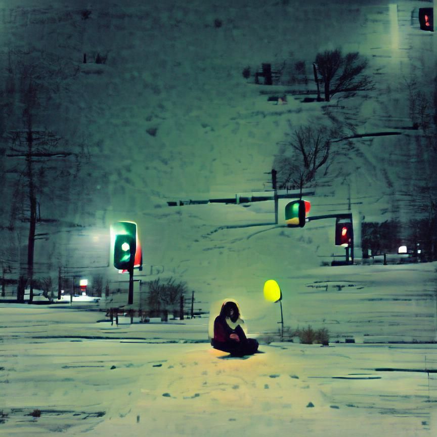 Desperate Figure in Snowy Night Under Stoplight