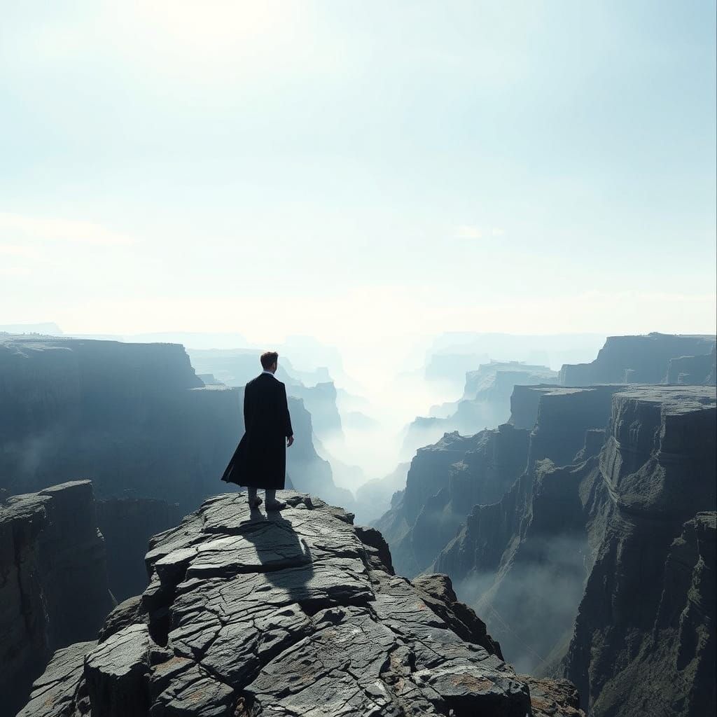 Figure Overlooking Misty Valley from Rocky Cliff