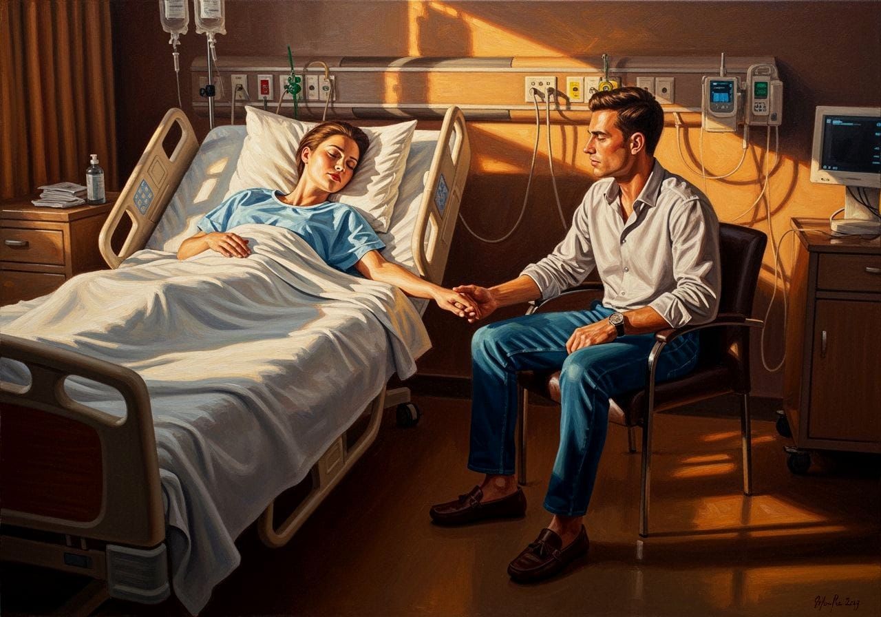 Romantic Oil Painting of Couple in Hospital Room