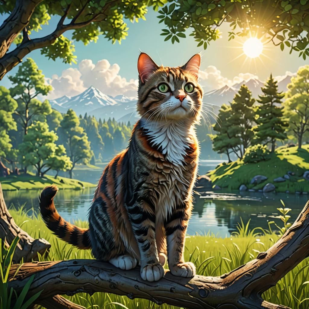 Cat on Branch in Sunny Landscape: 3D Digital Art