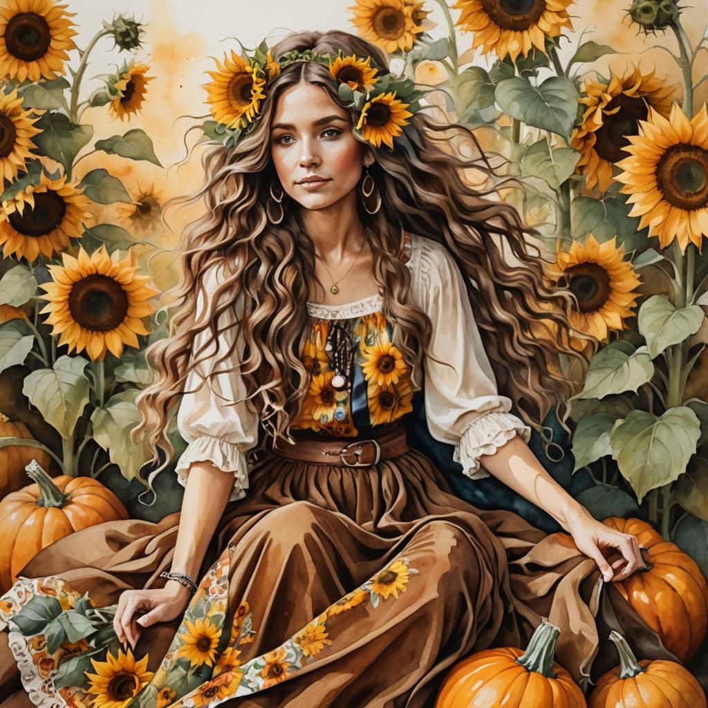Boho Woman in Sunflower Field: Watercolor Art