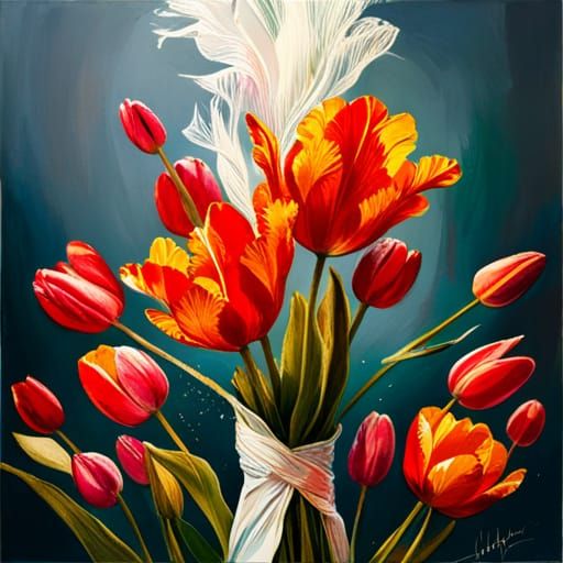 Tulips in Impasto Style on Dark Wood Table