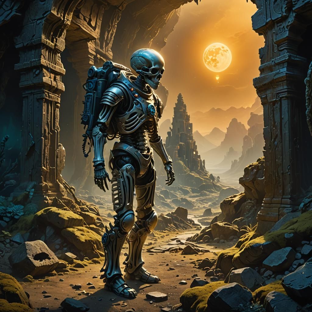 Skeleton Archaeologist in Ancient Alien Ruins