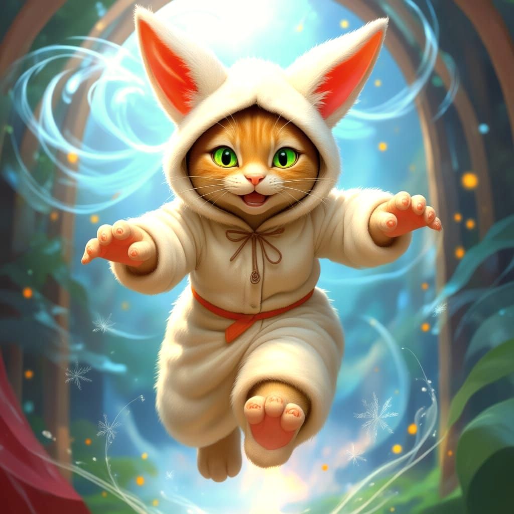 Cute Tabaxi Monk in Kigurumi Costume, Epic Fantasy Art