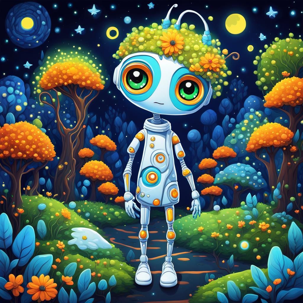 Neon Lit Cyberpunk Nature Scene with Cyborg Alien