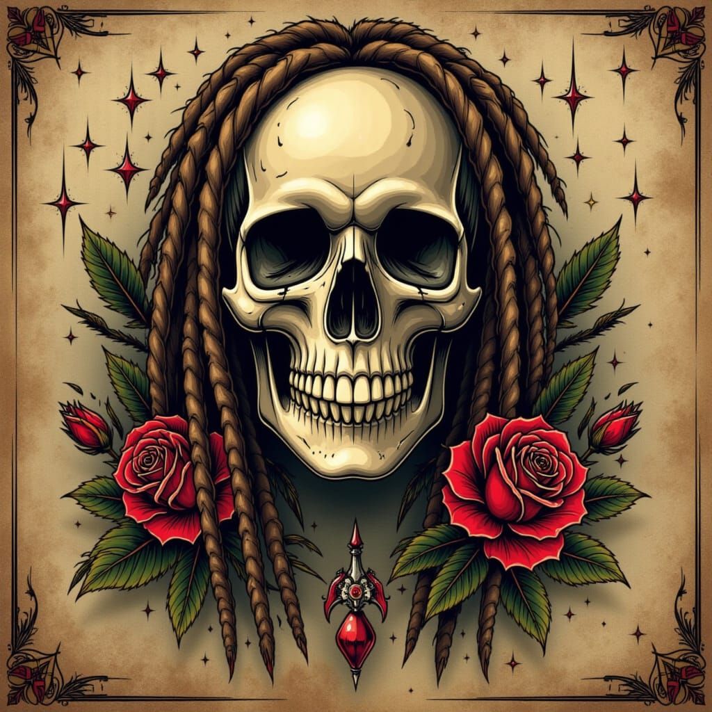 Skull with Dreadlocks as Flash Tattoo Art
