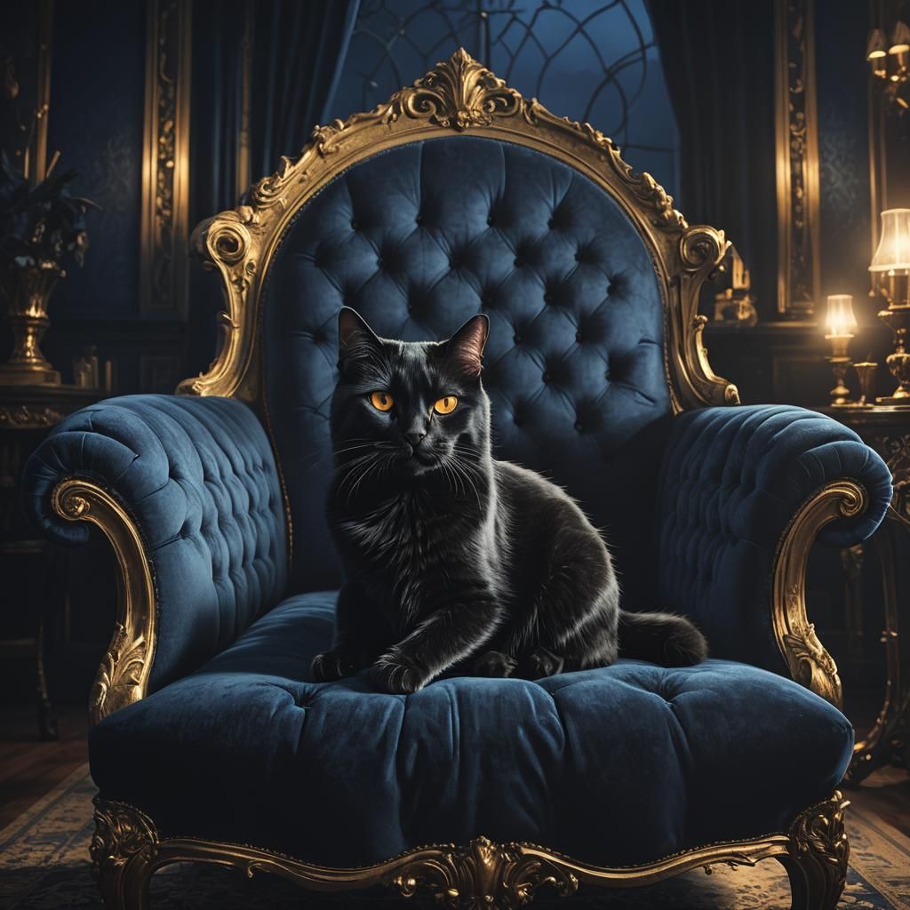 Black Cat on Blue Sofa in Dark Fantasy Style